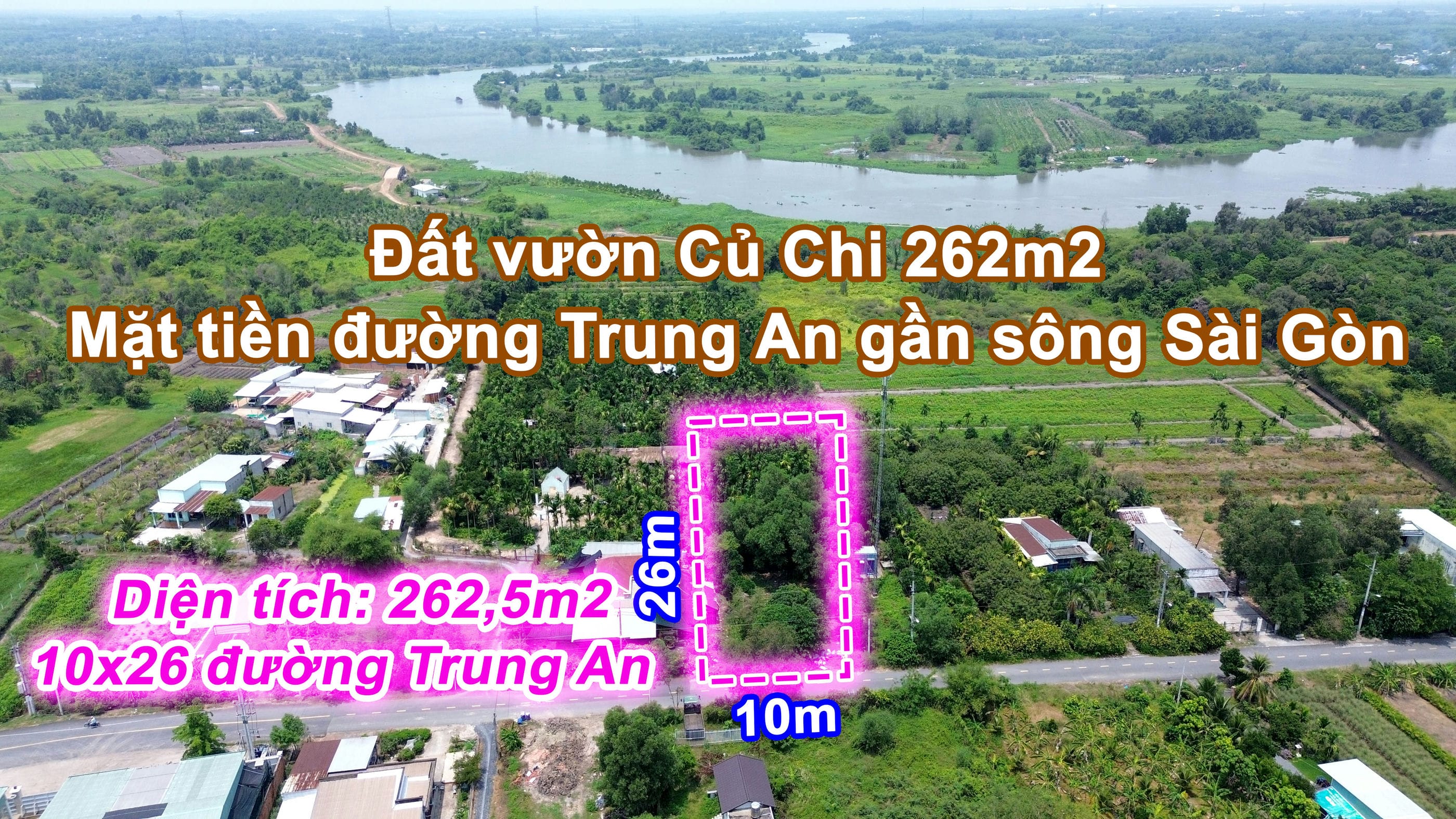 CC221 Đất vườn Củ Chi 262m2 mặt tiền đường Trung An gần sông Sài Gòn